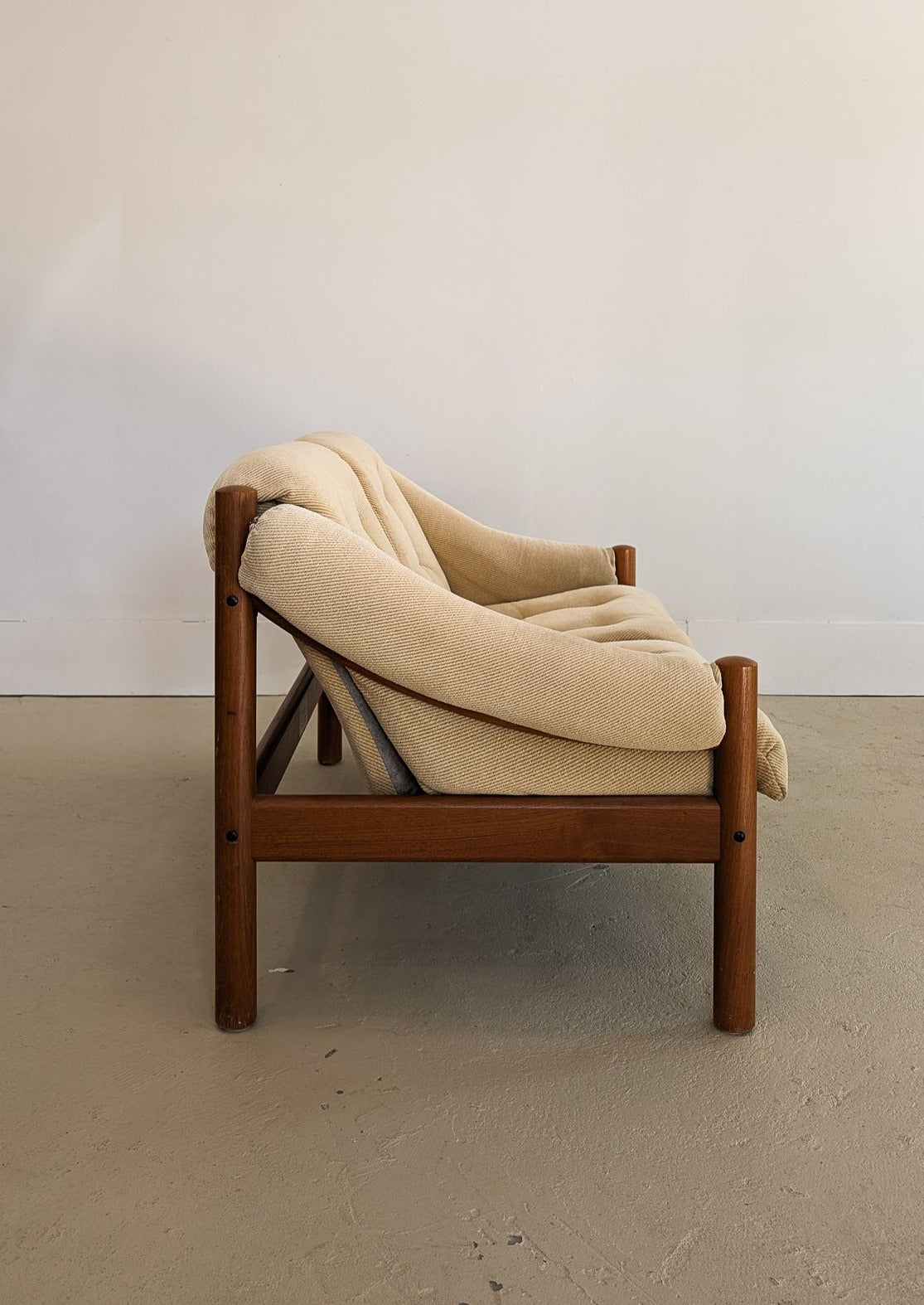 Midcentury Vintage Danish Domino Møbler Teak and Original Textured Cream Upholstered Loveseat
