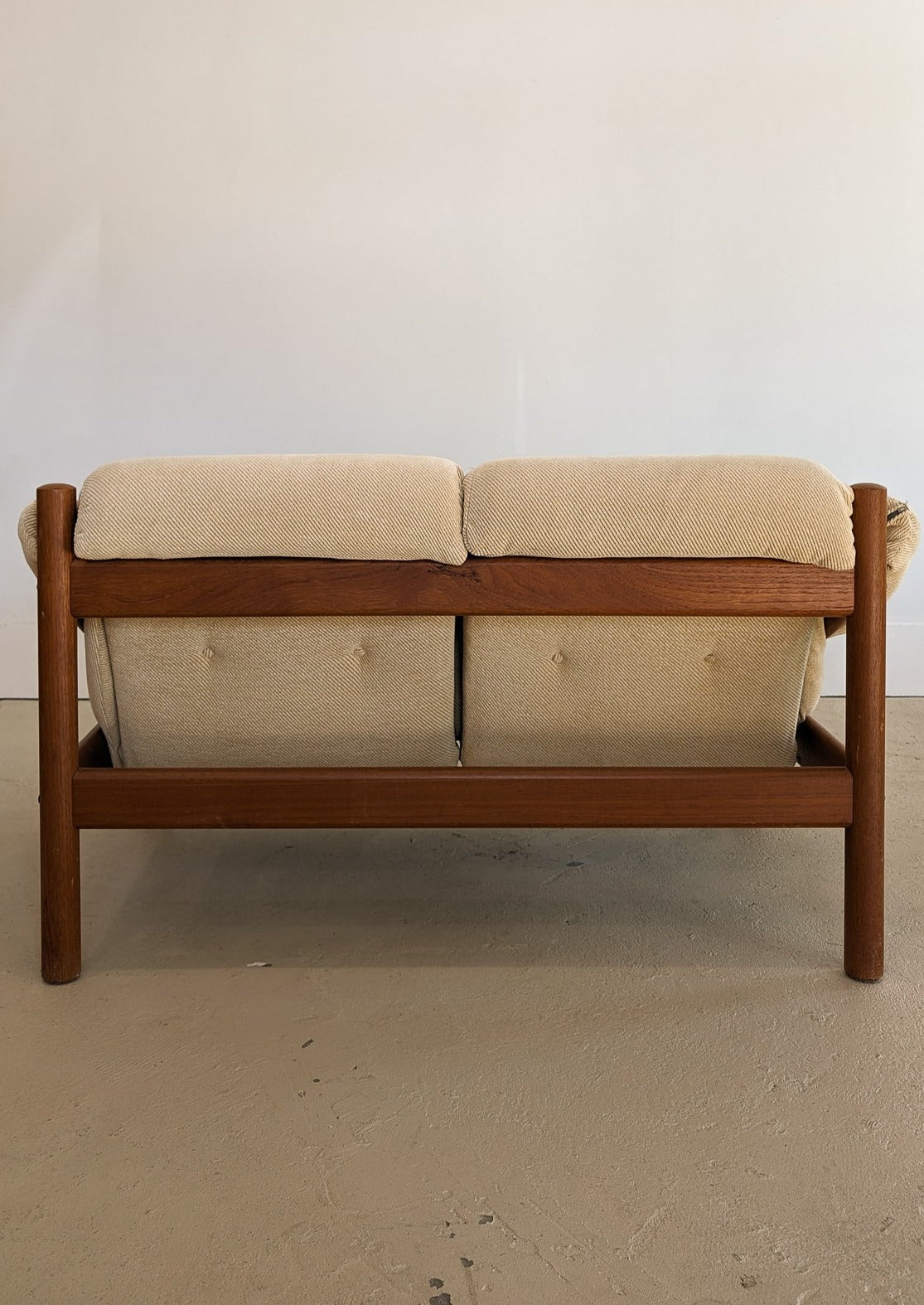 Midcentury Vintage Danish Domino Møbler Teak and Original Textured Cream Upholstered Loveseat