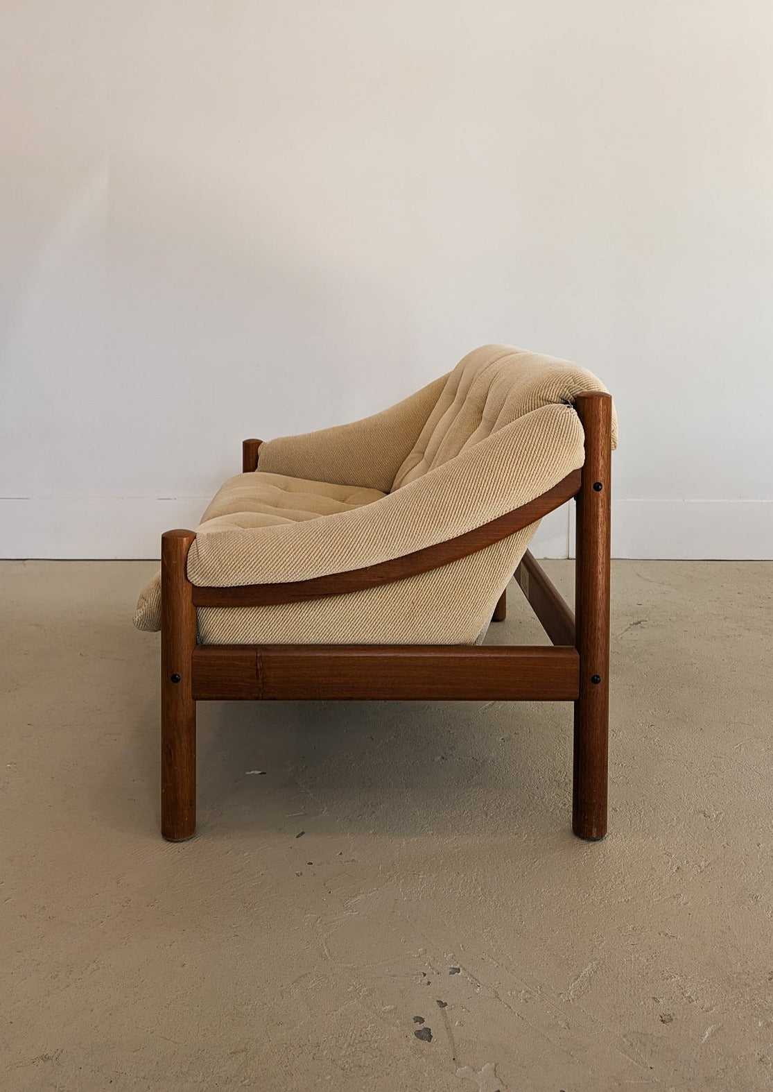 Midcentury Vintage Danish Domino Møbler Teak and Original Textured Cream Upholstered Loveseat
