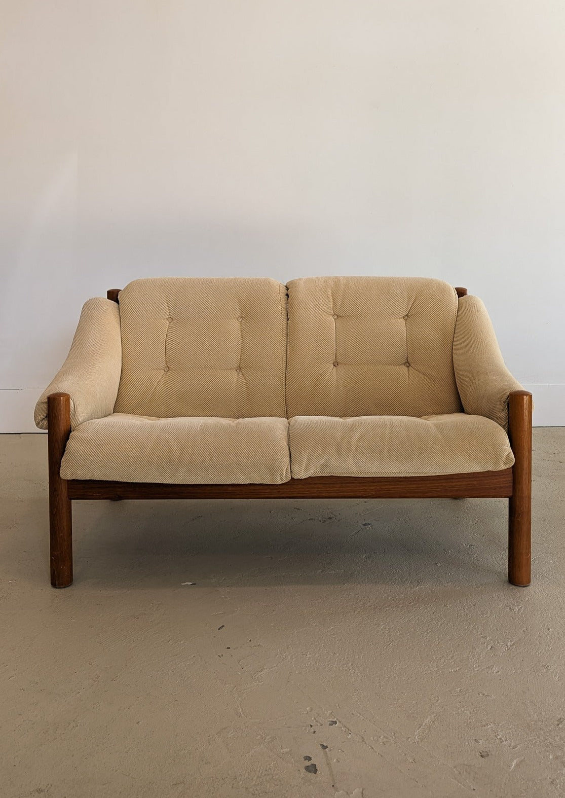 Midcentury Vintage Danish Domino Møbler Teak and Original Textured Cream Upholstered Loveseat