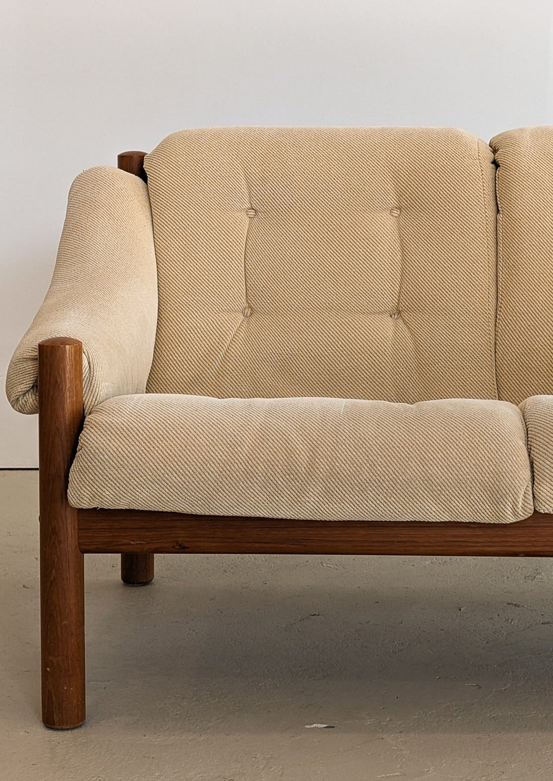 Midcentury Vintage Danish Domino Møbler Teak and Original Textured Cream Upholstered Loveseat