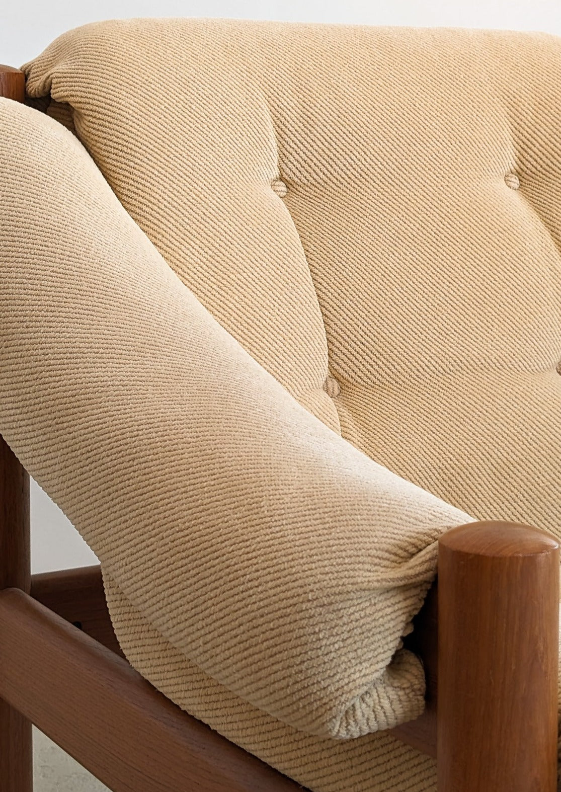 Midcentury Vintage Danish Domino Møbler Teak and Original Textured Cream Upholstered Loveseat