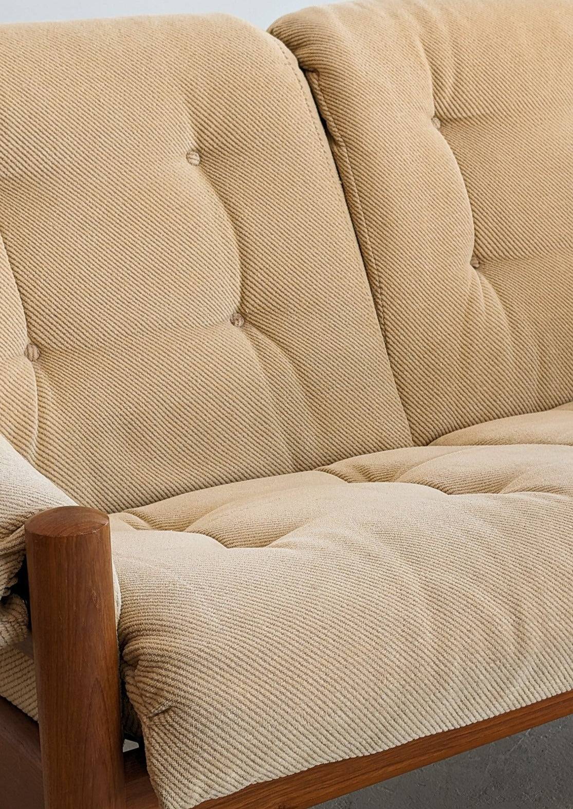 Midcentury Vintage Danish Domino Møbler Teak and Original Textured Cream Upholstered Loveseat