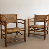 Pair of Vintage Midcentury European Charles Dudouyt-Style Hand-turned Rush and Wood Chairs
