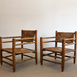 Pair of Vintage Midcentury European Charles Dudouyt-Style Hand-turned Rush and Wood Chairs