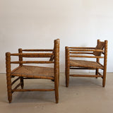 Pair of Vintage Midcentury European Charles Dudouyt-Style Hand-turned Rush and Wood Chairs