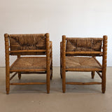 Pair of Vintage Midcentury European Charles Dudouyt-Style Hand-turned Rush and Wood Chairs