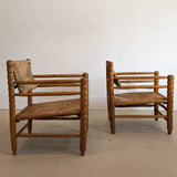 Pair of Vintage Midcentury European Charles Dudouyt-Style Hand-turned Rush and Wood Chairs