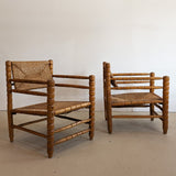 Pair of Vintage Midcentury European Charles Dudouyt-Style Hand-turned Rush and Wood Chairs
