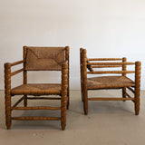 Pair of Vintage Midcentury European Charles Dudouyt-Style Hand-turned Rush and Wood Chairs
