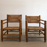 Pair of Vintage Midcentury European Charles Dudouyt-Style Hand-turned Rush and Wood Chairs