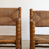 Pair of Vintage Midcentury European Charles Dudouyt-Style Hand-turned Rush and Wood Chairs