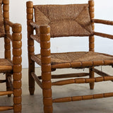 Pair of Vintage Midcentury European Charles Dudouyt-Style Hand-turned Rush and Wood Chairs