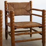 Pair of Vintage Midcentury European Charles Dudouyt-Style Hand-turned Rush and Wood Chairs