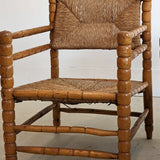 Pair of Vintage Midcentury European Charles Dudouyt-Style Hand-turned Rush and Wood Chairs