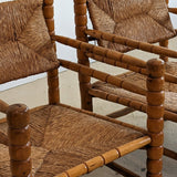 Pair of Vintage Midcentury European Charles Dudouyt-Style Hand-turned Rush and Wood Chairs
