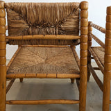 Pair of Vintage Midcentury European Charles Dudouyt-Style Hand-turned Rush and Wood Chairs