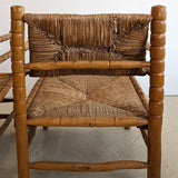 Pair of Vintage Midcentury European Charles Dudouyt-Style Hand-turned Rush and Wood Chairs