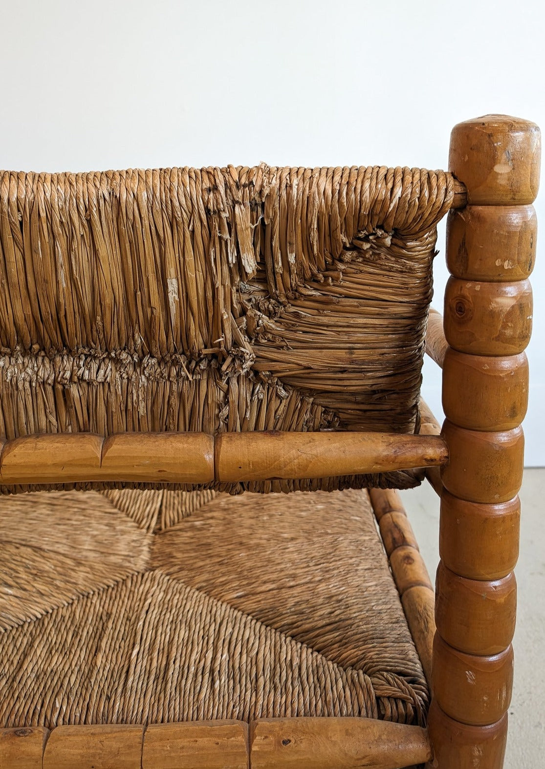 Pair of Vintage Midcentury European Charles Dudouyt-Style Hand-turned Rush and Wood Chairs