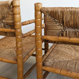 Pair of Vintage Midcentury European Charles Dudouyt-Style Hand-turned Rush and Wood Chairs