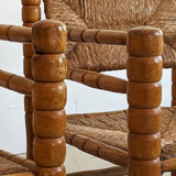 Pair of Vintage Midcentury European Charles Dudouyt-Style Hand-turned Rush and Wood Chairs