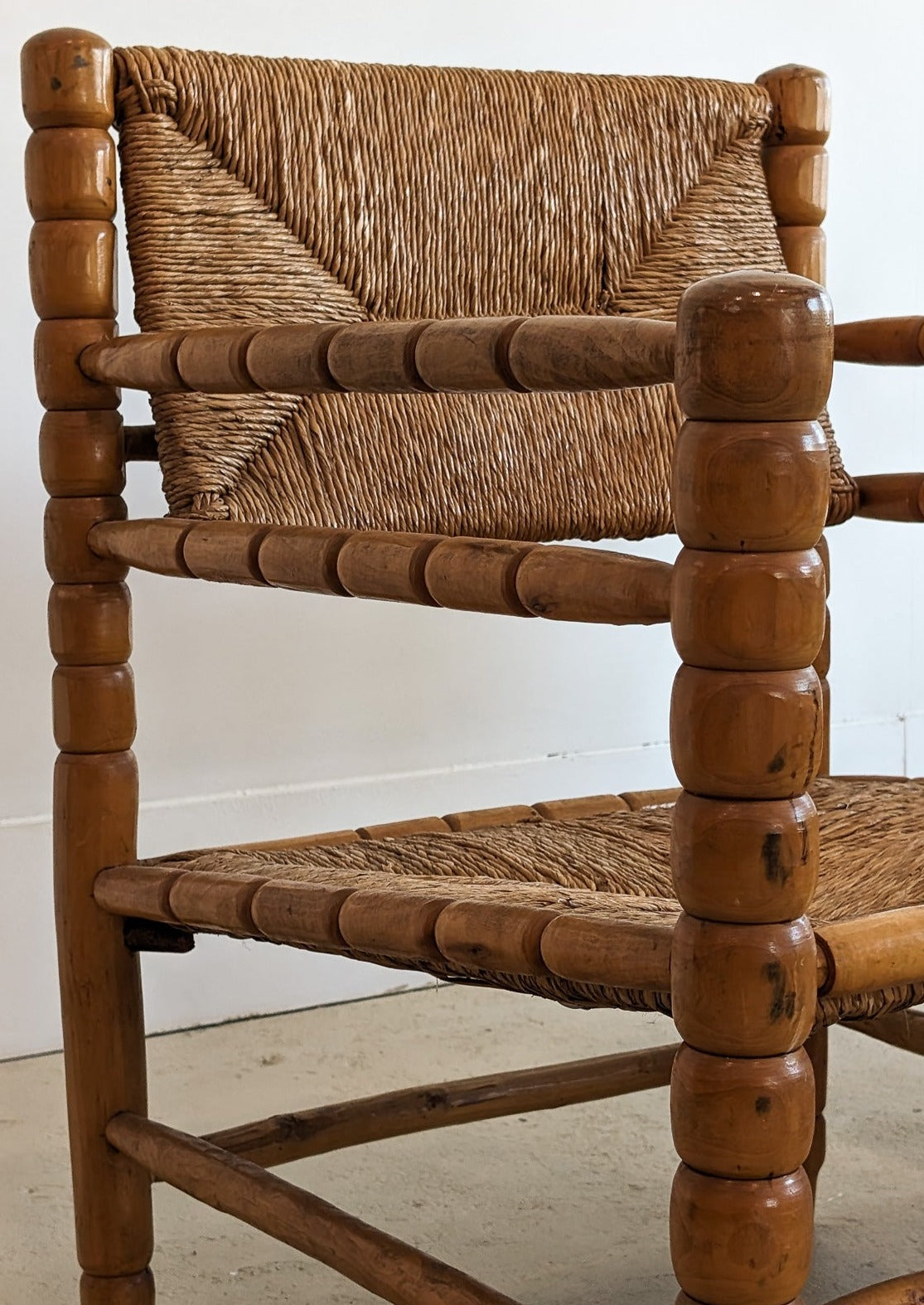 Pair of Vintage Midcentury European Charles Dudouyt-Style Hand-turned Rush and Wood Chairs