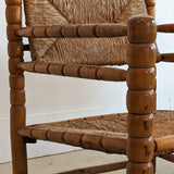 Pair of Vintage Midcentury European Charles Dudouyt-Style Hand-turned Rush and Wood Chairs