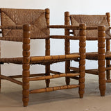 Pair of Vintage Midcentury European Charles Dudouyt-Style Hand-turned Rush and Wood Chairs
