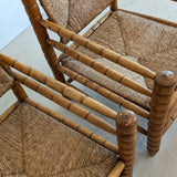 Pair of Vintage Midcentury European Charles Dudouyt-Style Hand-turned Rush and Wood Chairs