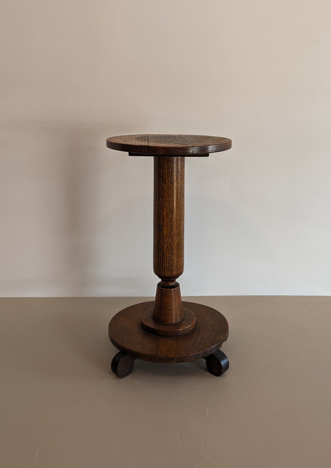 Antique Oak Pedestal Side Table with Circular Feet