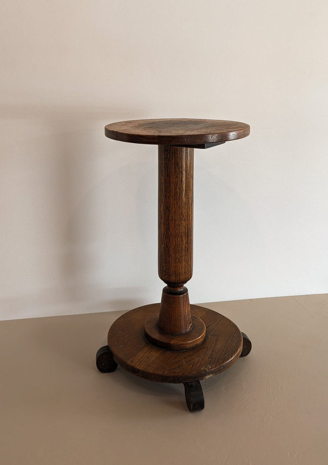 Antique Oak Pedestal Side Table with Circular Feet