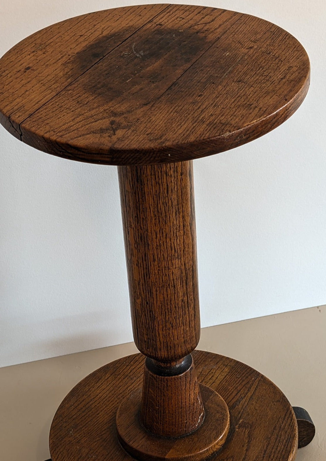 Antique Oak Pedestal Side Table with Circular Feet