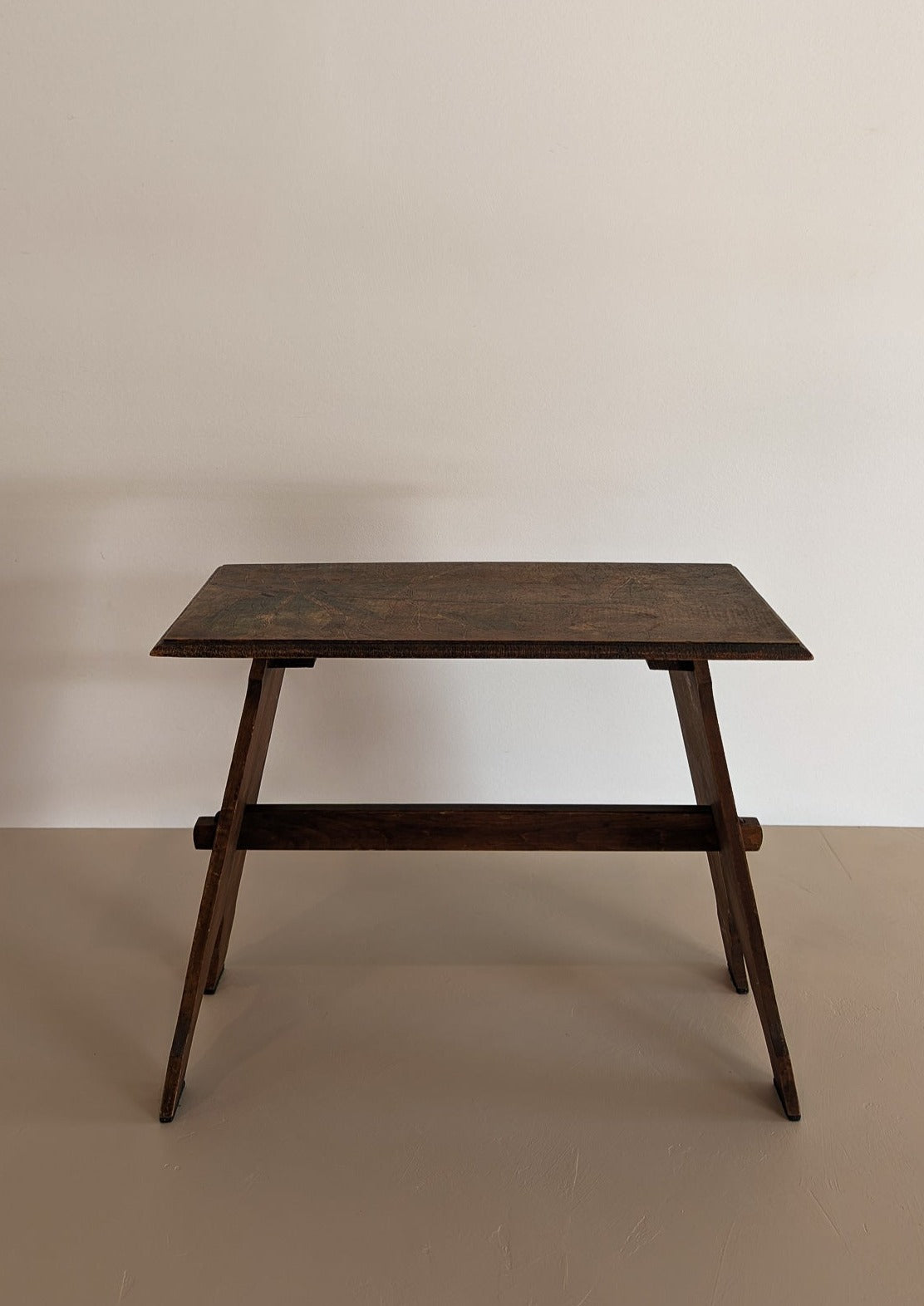 Late 1800s/Early 1900s Handmade Stained Pyrography Side Table/Bench with Floral Detailing