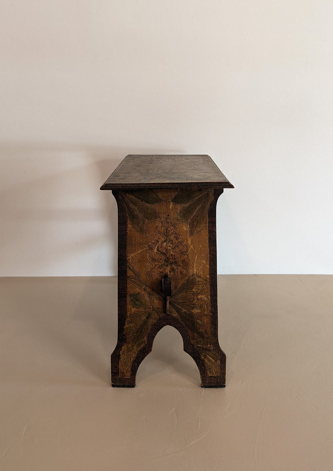 Late 1800s/Early 1900s Handmade Stained Pyrography Side Table/Bench with Floral Detailing