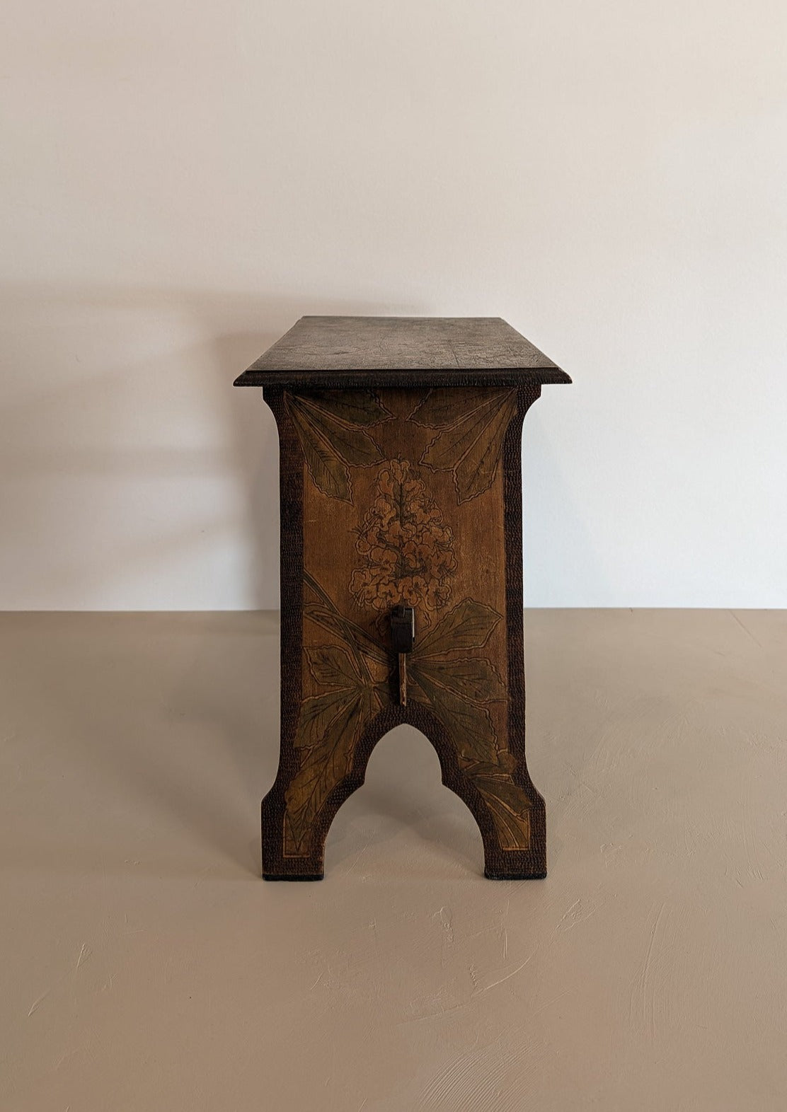 Late 1800s/Early 1900s Handmade Stained Pyrography Side Table/Bench with Floral Detailing