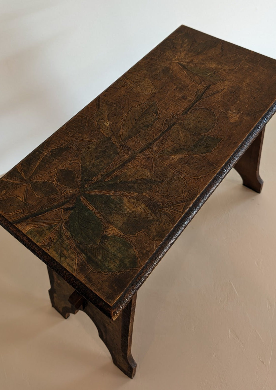 Late 1800s/Early 1900s Handmade Stained Pyrography Side Table/Bench with Floral Detailing