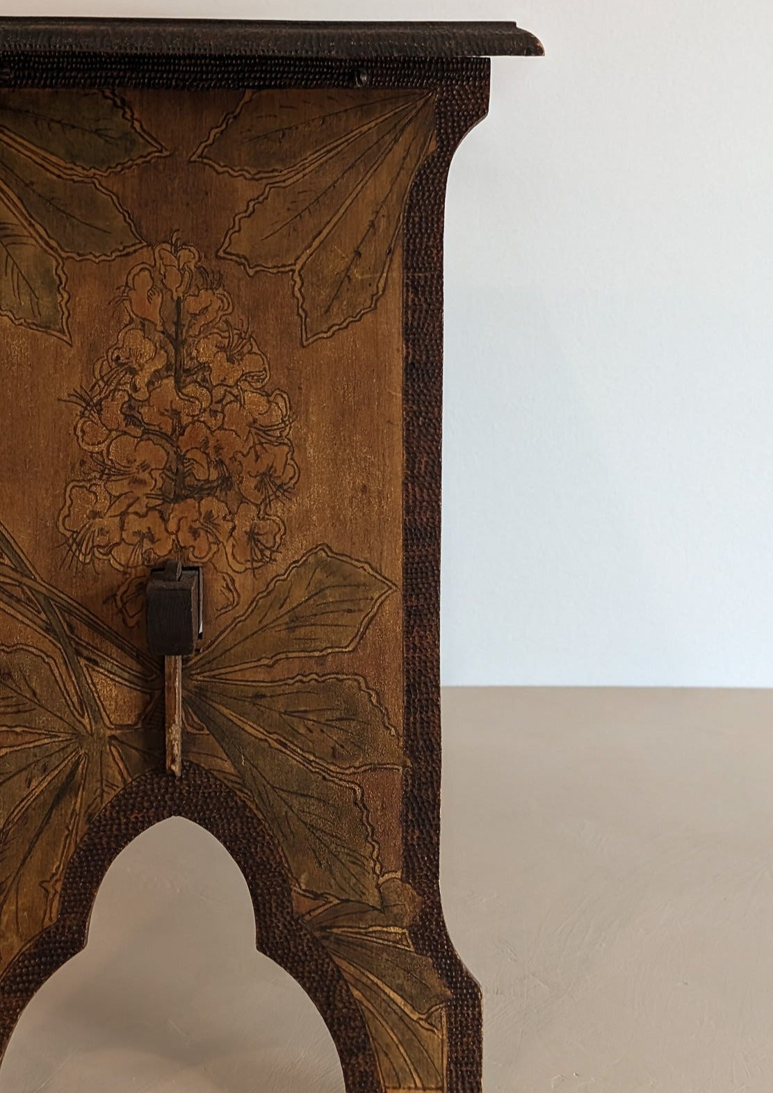 Late 1800s/Early 1900s Handmade Stained Pyrography Side Table/Bench with Floral Detailing