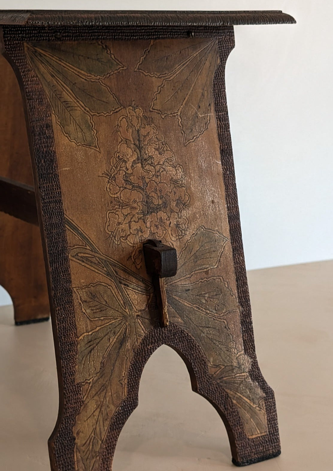 Late 1800s/Early 1900s Handmade Stained Pyrography Side Table/Bench with Floral Detailing