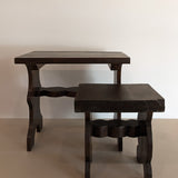 Pair of Vintage Handmade Brutalist Dark Wooden Nesting Tables with Wavy and Scallop Detailing