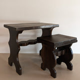 Pair of Vintage Handmade Brutalist Dark Wooden Nesting Tables with Wavy and Scallop Detailing