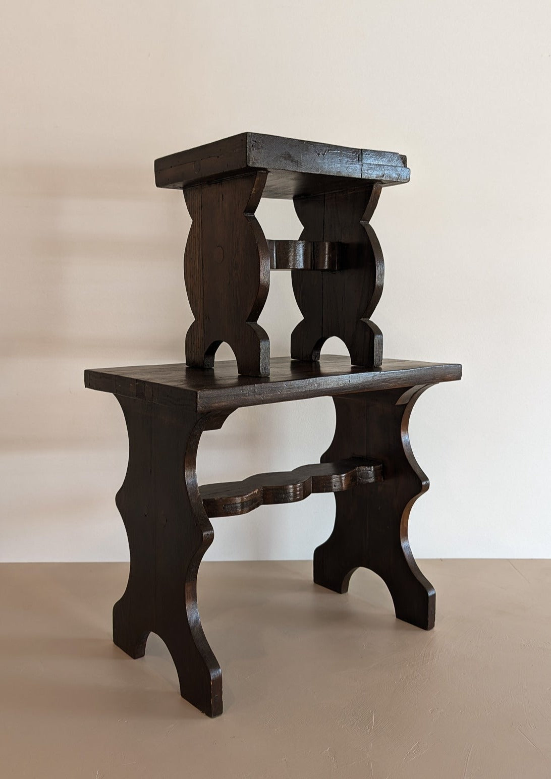 Pair of Vintage Handmade Brutalist Dark Wooden Nesting Tables with Wavy and Scallop Detailing