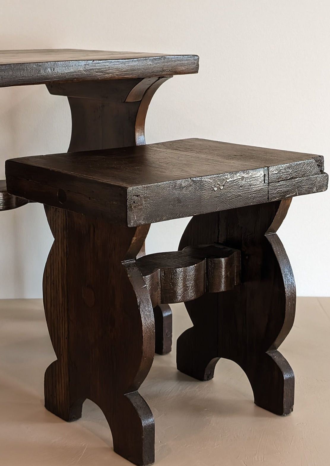 Pair of Vintage Handmade Brutalist Dark Wooden Nesting Tables with Wavy and Scallop Detailing