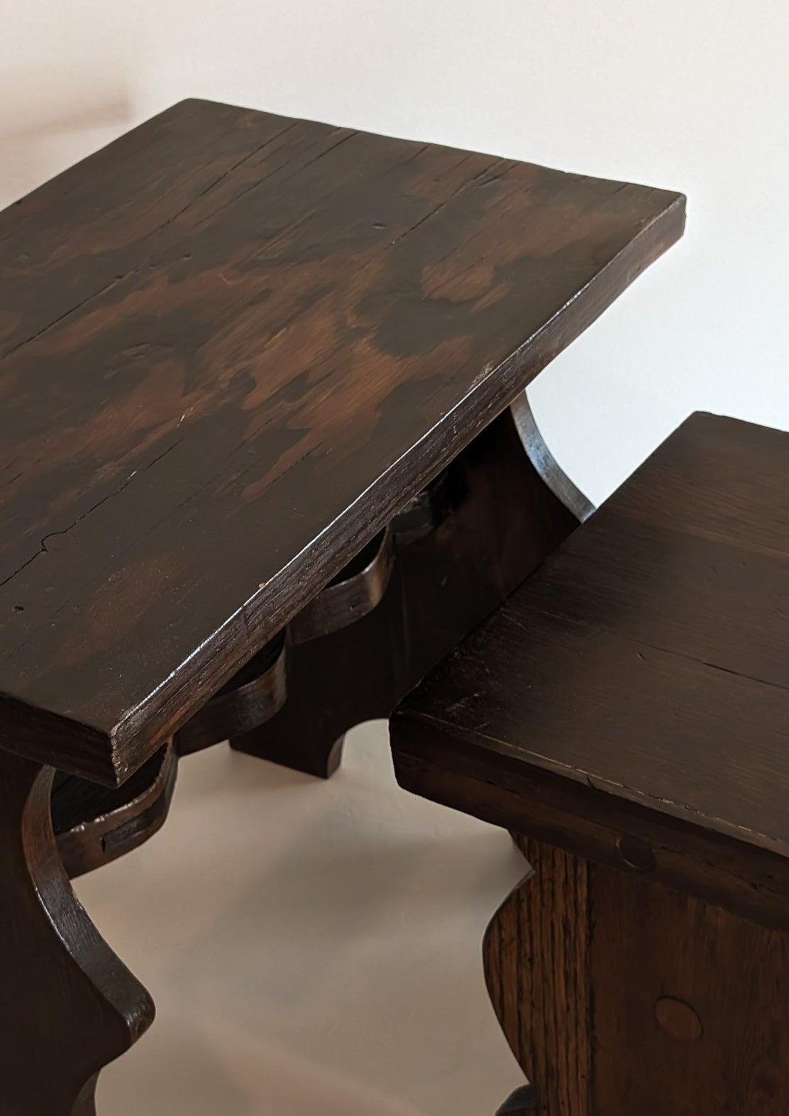 Pair of Vintage Handmade Brutalist Dark Wooden Nesting Tables with Wavy and Scallop Detailing