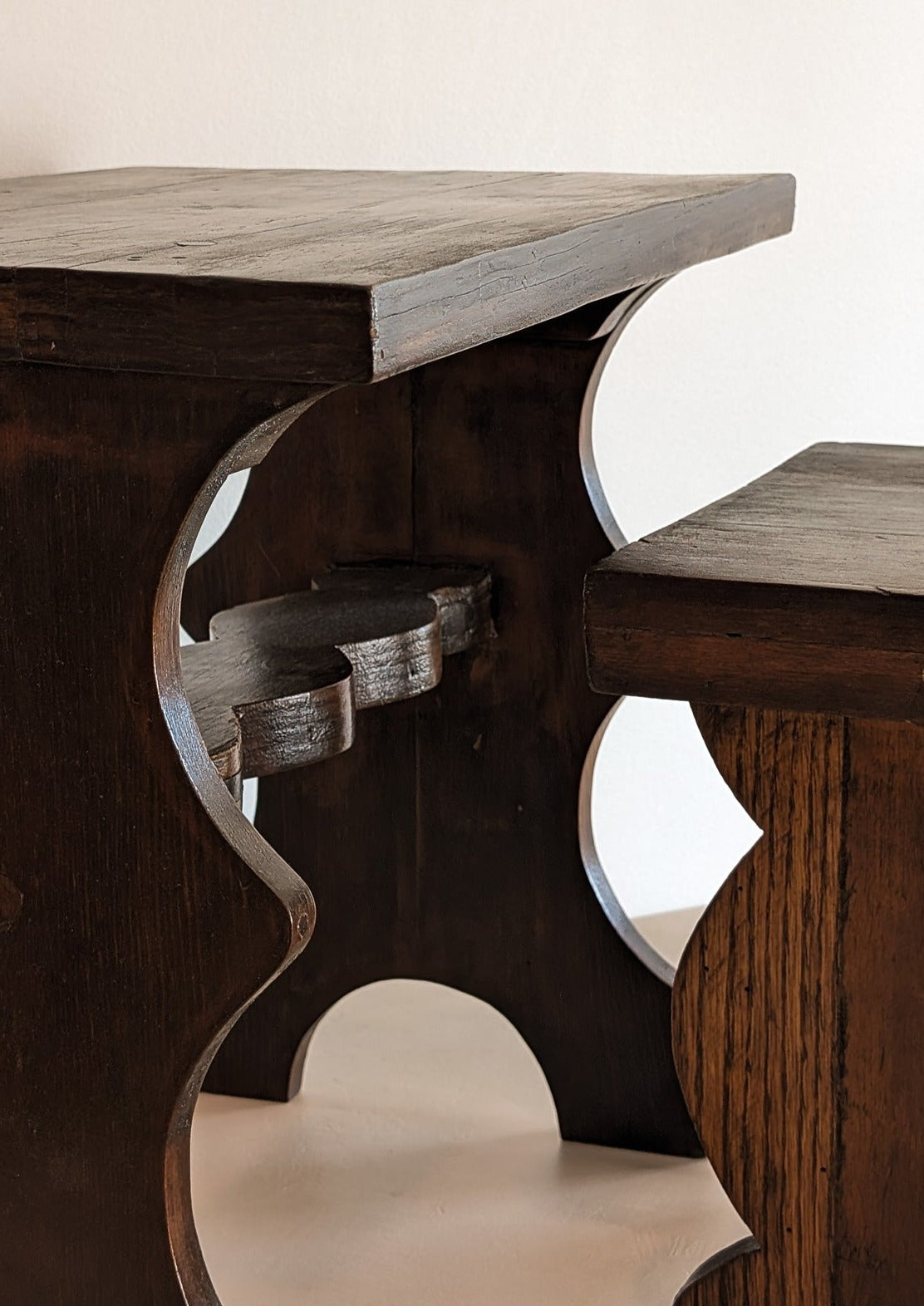 Pair of Vintage Handmade Brutalist Dark Wooden Nesting Tables with Wavy and Scallop Detailing