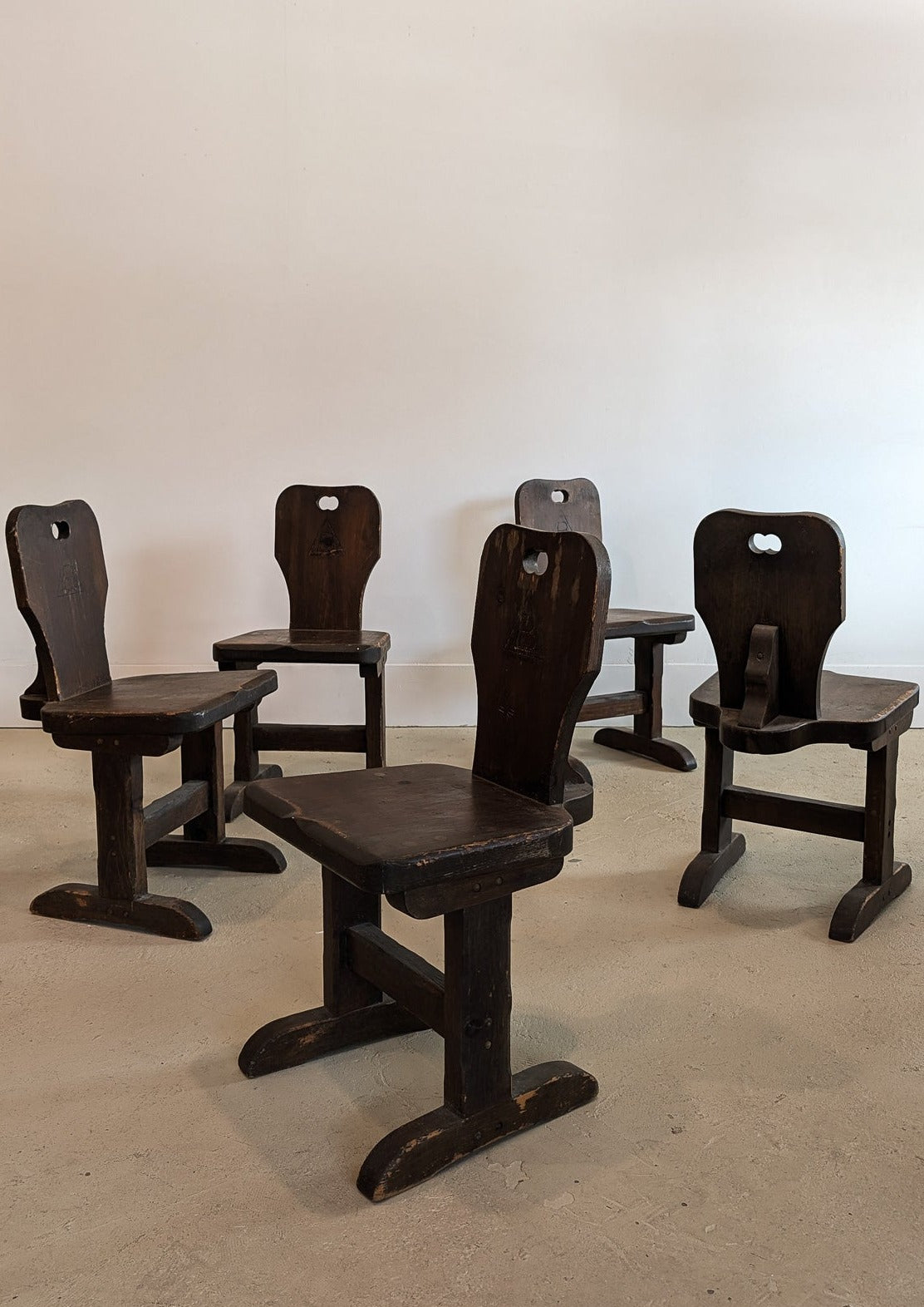 Vintage Dark Wooden Brutalist Chairs with "B" Emblem