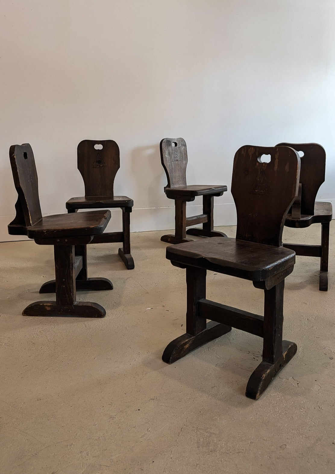 Vintage Dark Wooden Brutalist Chairs with "B" Emblem