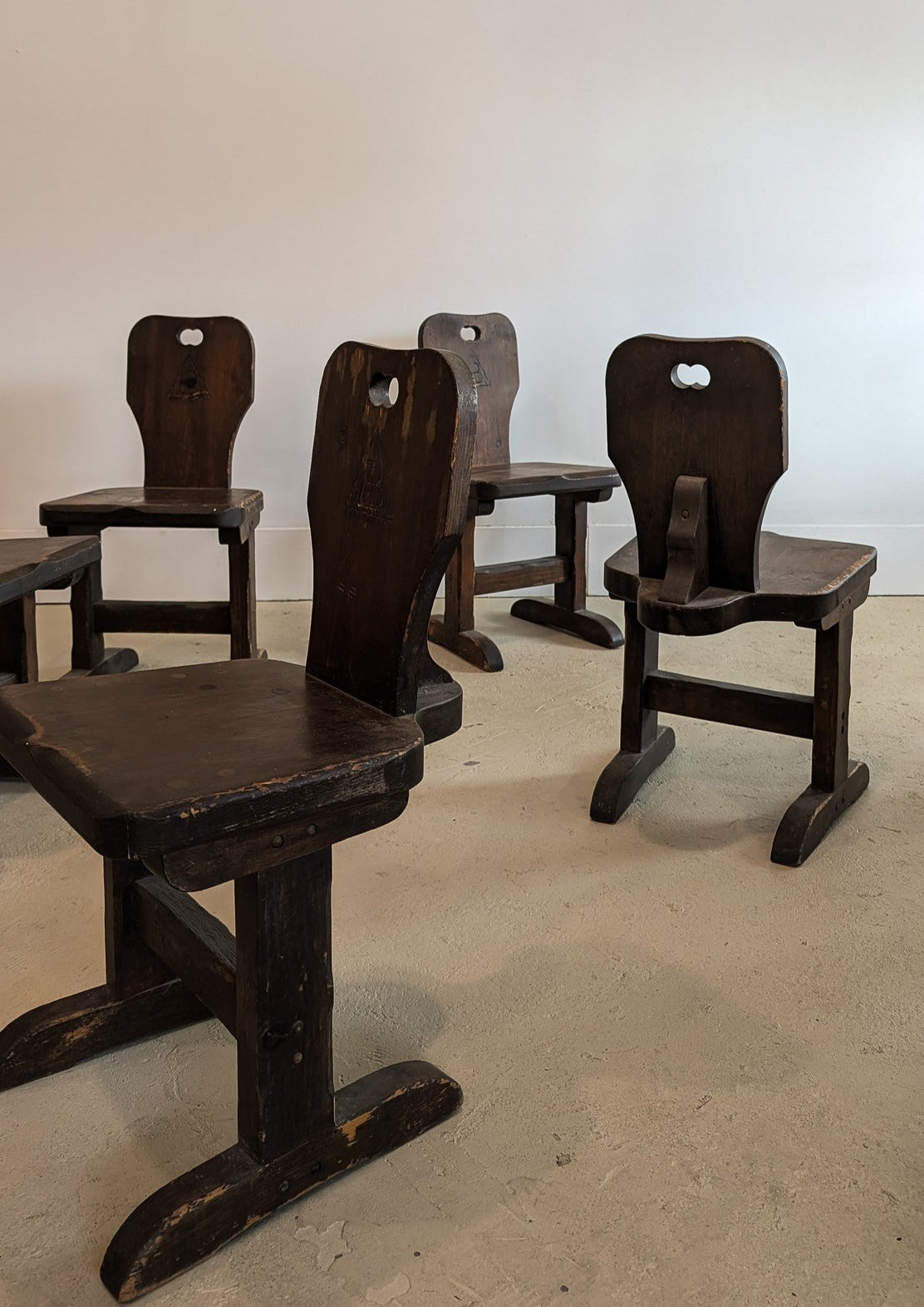 Vintage Dark Wooden Brutalist Chairs with "B" Emblem