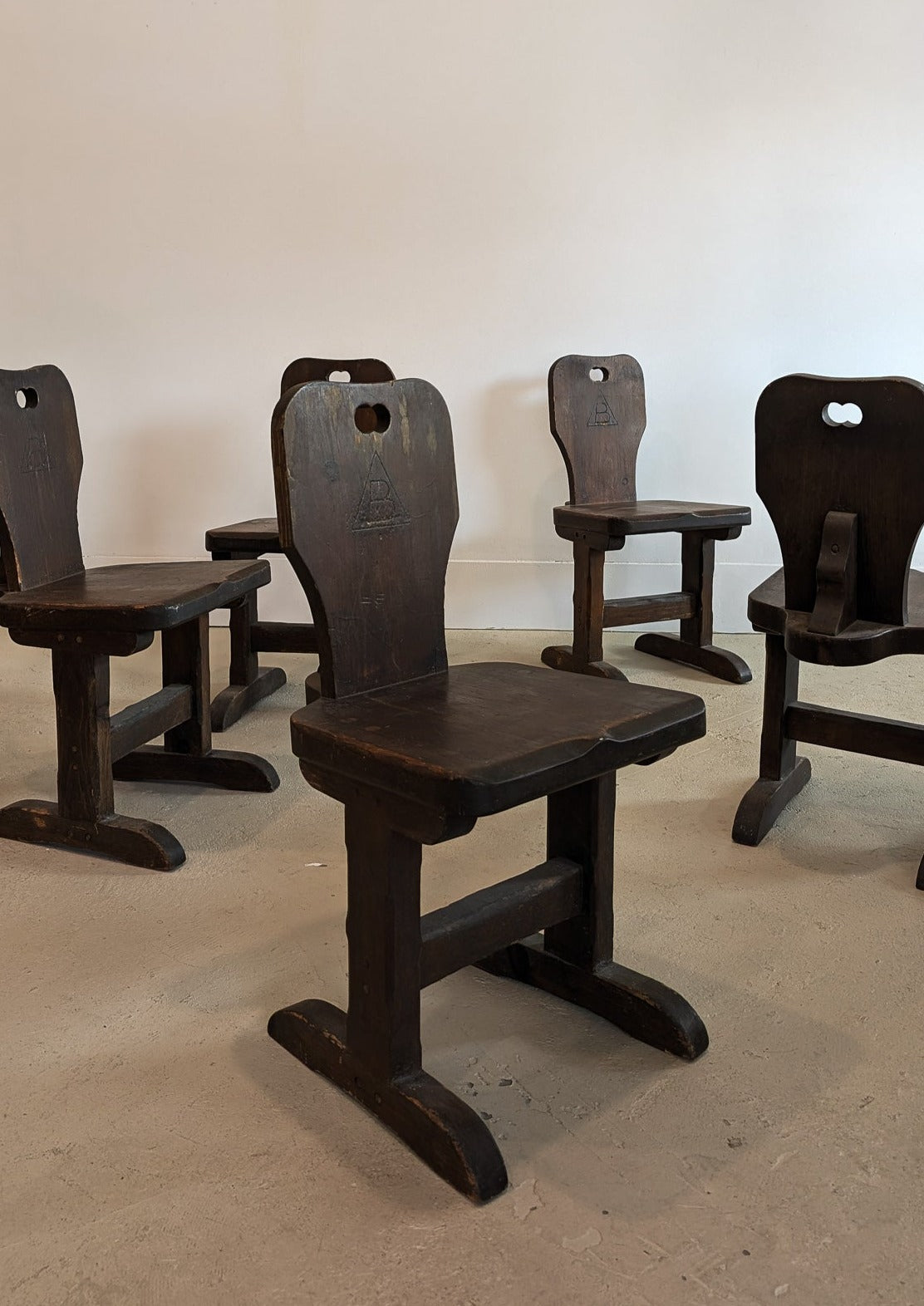 Vintage Dark Wooden Brutalist Chairs with "B" Emblem