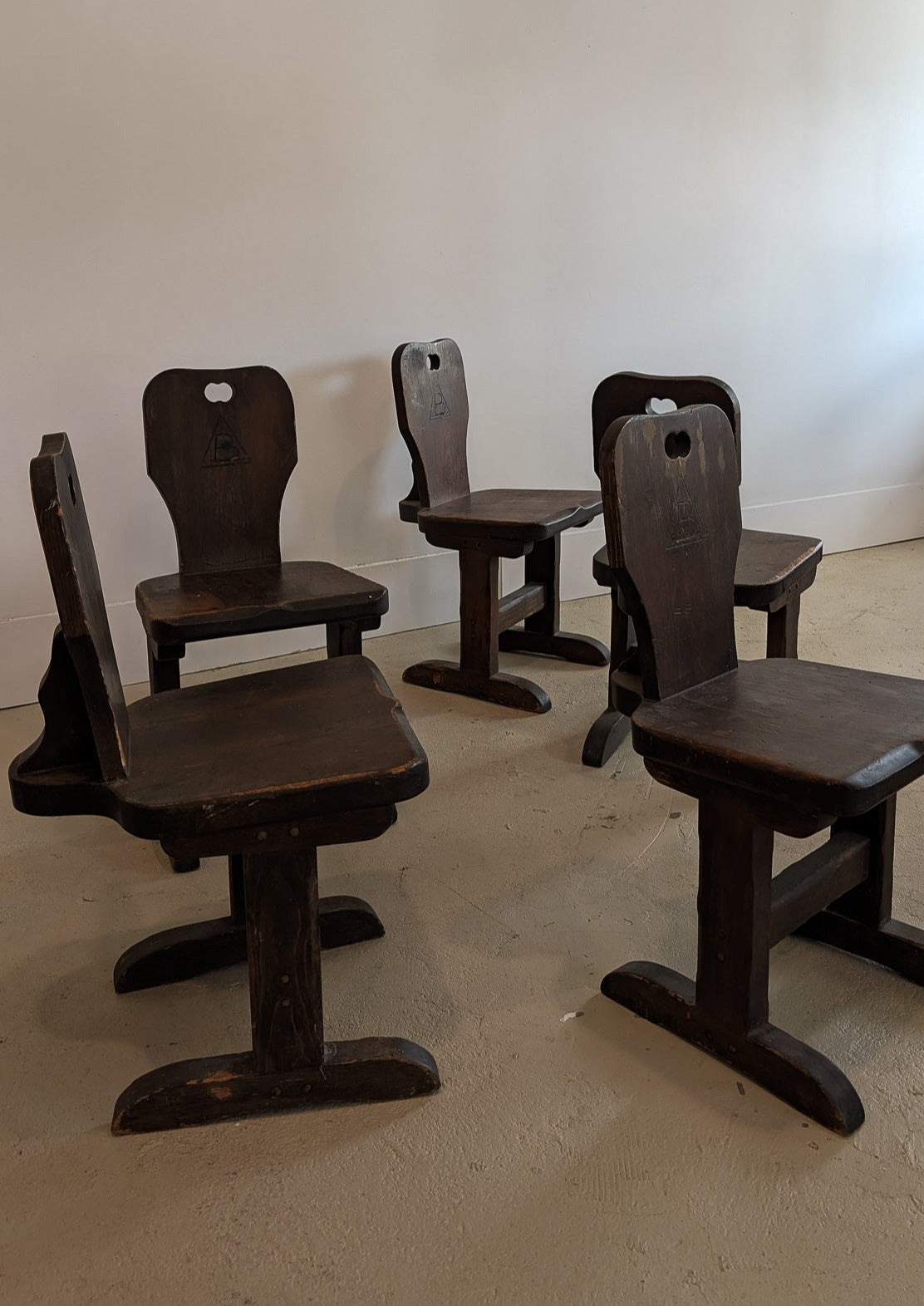 Vintage Dark Wooden Brutalist Chairs with "B" Emblem