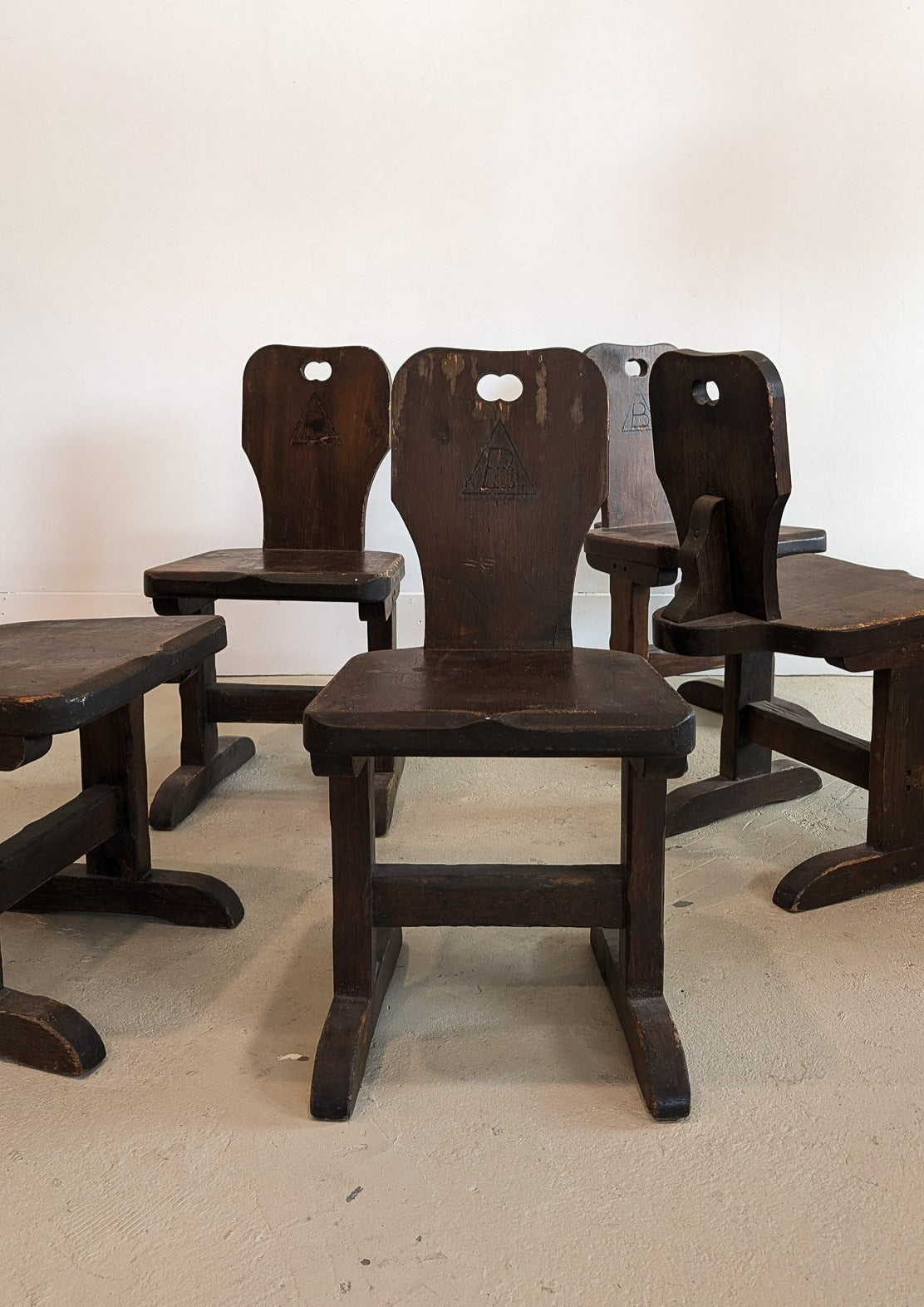 Vintage Dark Wooden Brutalist Chairs with "B" Emblem